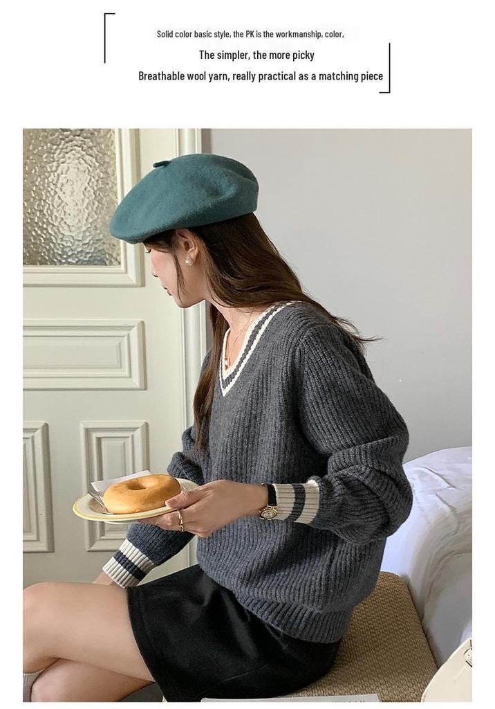 2025 Autumn/Winter Women's 100% Wool V-neck Sweater - Loose, Slimming, Versatile, Thick Knitwear