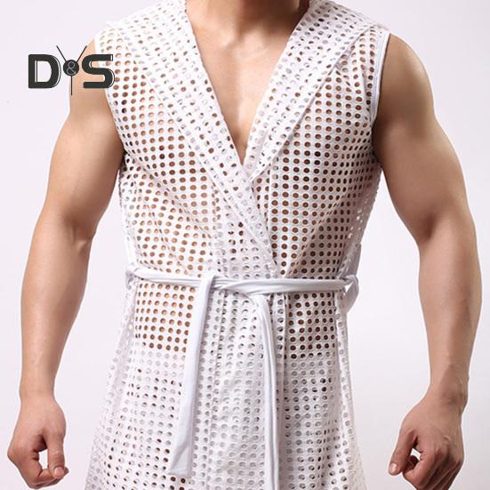 Menn Sexy hette Nattkjole Ermeløs Ensfarge Hollow Out Mesh Sommer Loungewear Snøring Nattkåpe Hjemmeklær
