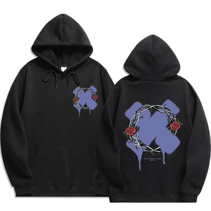 Unisex Hooded Sweatshirt With Rose Fork Print Loose Fit Winter Casual Sportswear