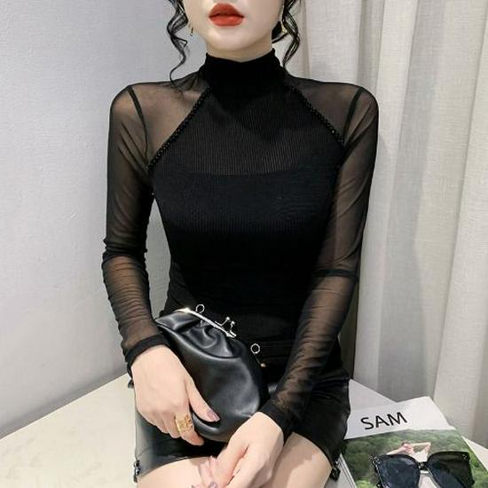 European Autumn 2025 Slim-Fit Beaded Mesh Patchwork Long Sleeve Women's T-Shirt
