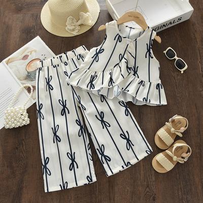 Girls Bow Print Suit Summer New Children's Korean Version Sleeveless Top Wide Leg Pants Two-piece Set Dropshipping