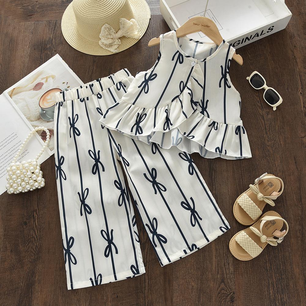 Girls Bow Print Suit Summer New Children's Korean Version Sleeveless Top Wide Leg Pants Two-piece Set Dropshipping