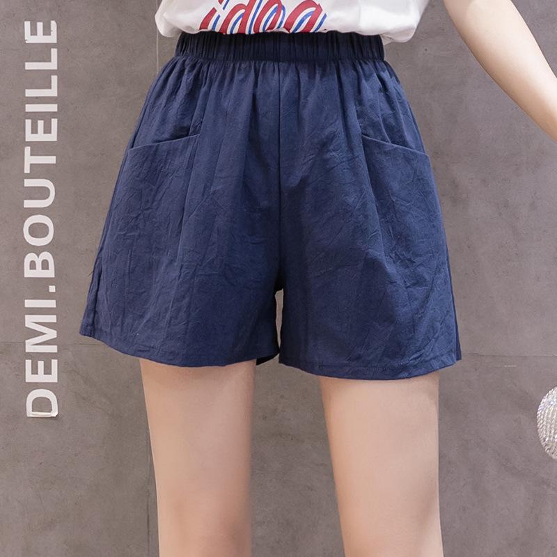Damen-Sommerhose aus Baumwollleinen, einfarbig, elastische Taille, kurze Hose mit weitem Bein