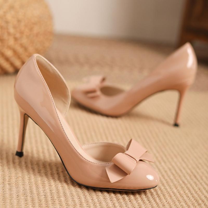 Fashion Nude Patent Leather Butterfly Knot Brand Pumps Women Fashion Round Toe Shallow Thin Heel Designer Shoes Elegant Party Dress Shoe