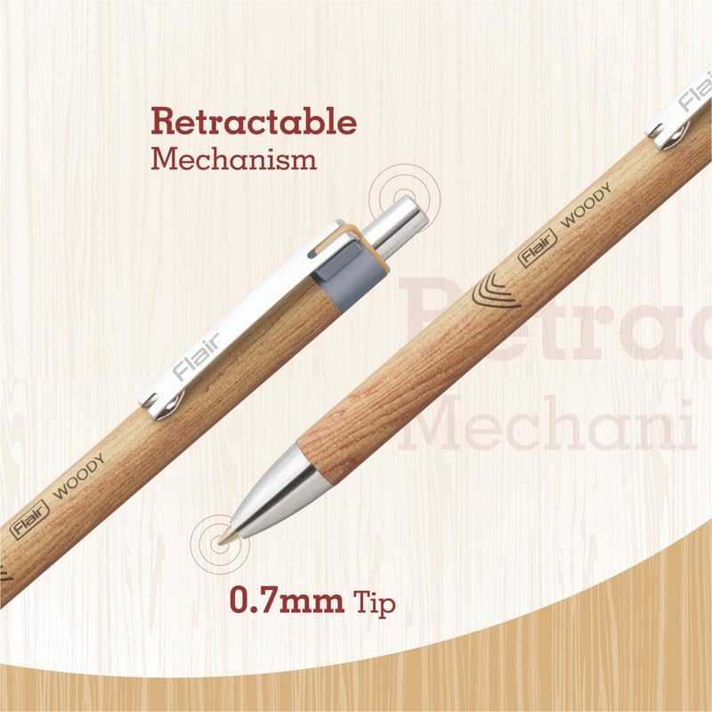 Flair Woody Cliq Bolígrafo Retráctil 0.7mm Paquete de 1 x 5 bolígrafos Tinta Negra Elegante Cuerpo con Textura de Madera para Oficina Escuela Escritura