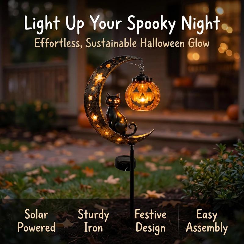 Iron Black Cat Moon Ground Lamp Waterproof Solar Garden Light Auto On/Off for Outdoor Lawns Courtyards Yards Patio Pathway Halloween Decor