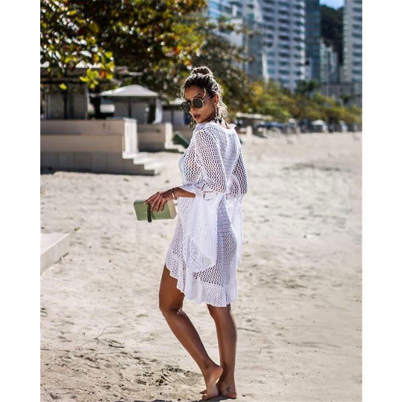 Women's Hollow Out Sun Shirt Flared Sleeve Beach Cover Up Bikini Outer Shirt Knitwear