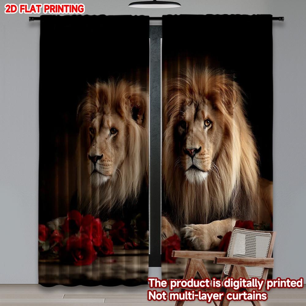 Set Of 2 Lion Red Roses Curtains Digital Printing Majestic Animal Portrait Dark Background Bedroom Living Room Decor Curtain Polyester Ideal For Great