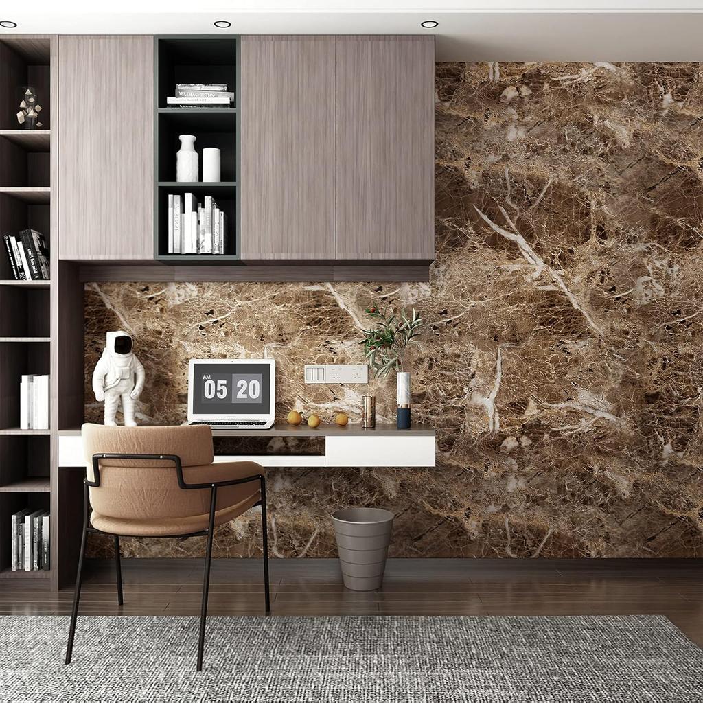 JSEVEM 16"×394" Thick Brown White Marble Wallpaper Peel and Stick Waterproof Brown Marble Contact Paper Vinyl DIY Faux Granite Furniture Tile