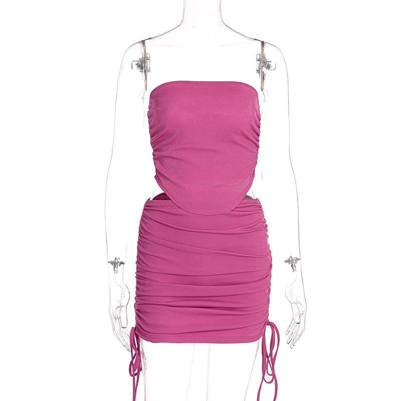 European and American Spring/summer Fashion Sexy Strapless Slim Fit Drawstring Waist Lifting Skirt Set