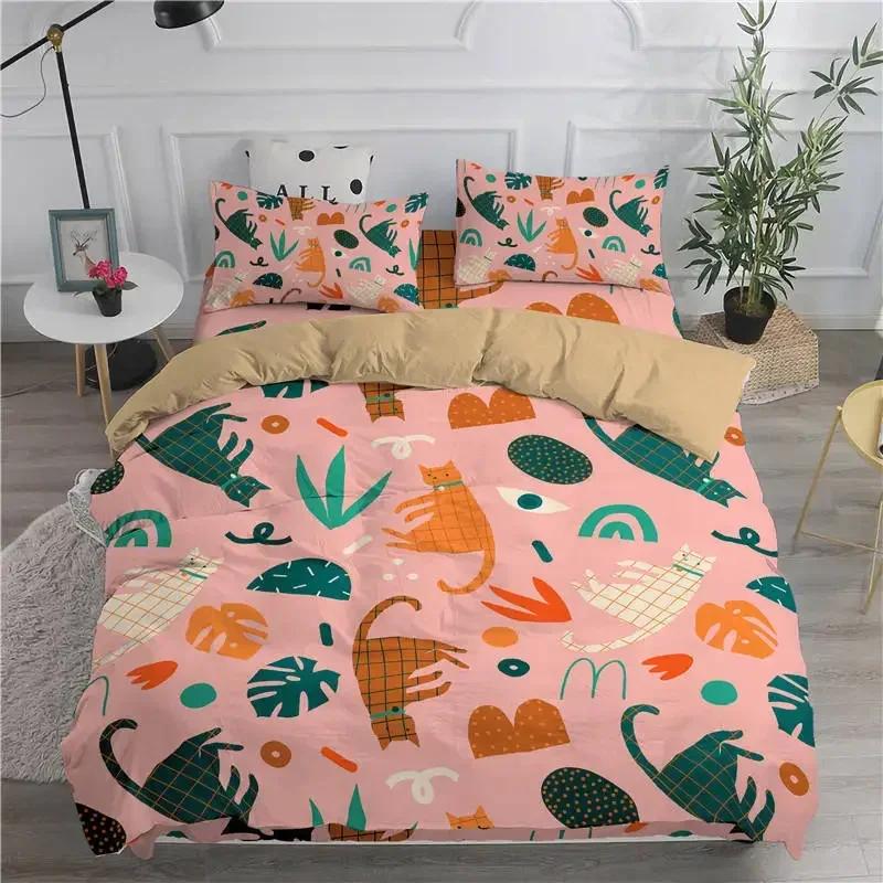 Juego de Ropa de Cama de Dibujos Animados Gatos Lindos Cómoda Funda Nórdica Funda de Almohada Juego de Cama Decoración Habitación Infantil Textiles para el Hogar