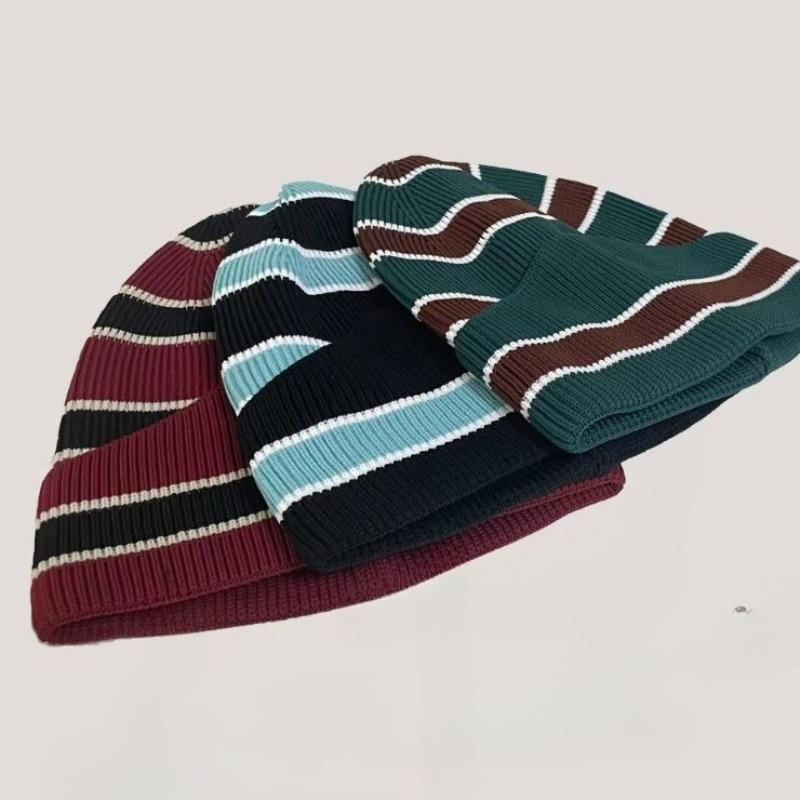 Autumn and Winter Patchwork Striped Keep Warm Knitted Hat Men Women Fashion Color Block Versatile Irregular Knitted Mao Line Hat