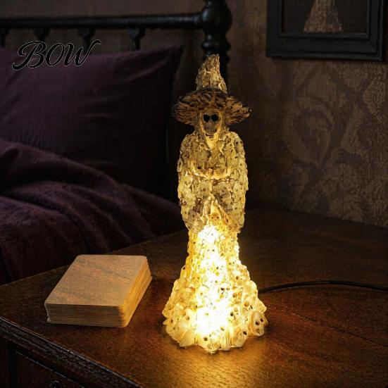 Decorative Witch Figurine Skeleton Resin Figurine, LED Light Up Gothic Statue, Spooky Fantasy Themed Gift Dark Ornament for Desk, Shelf, Mantel Indoor
