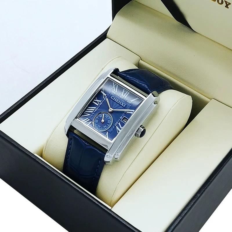 CHENXI 8216 Men's Quartz Watch Square Roman Numeral Dial Calendar Genuine Leather Band Waterproof Business Casual Wristwatch