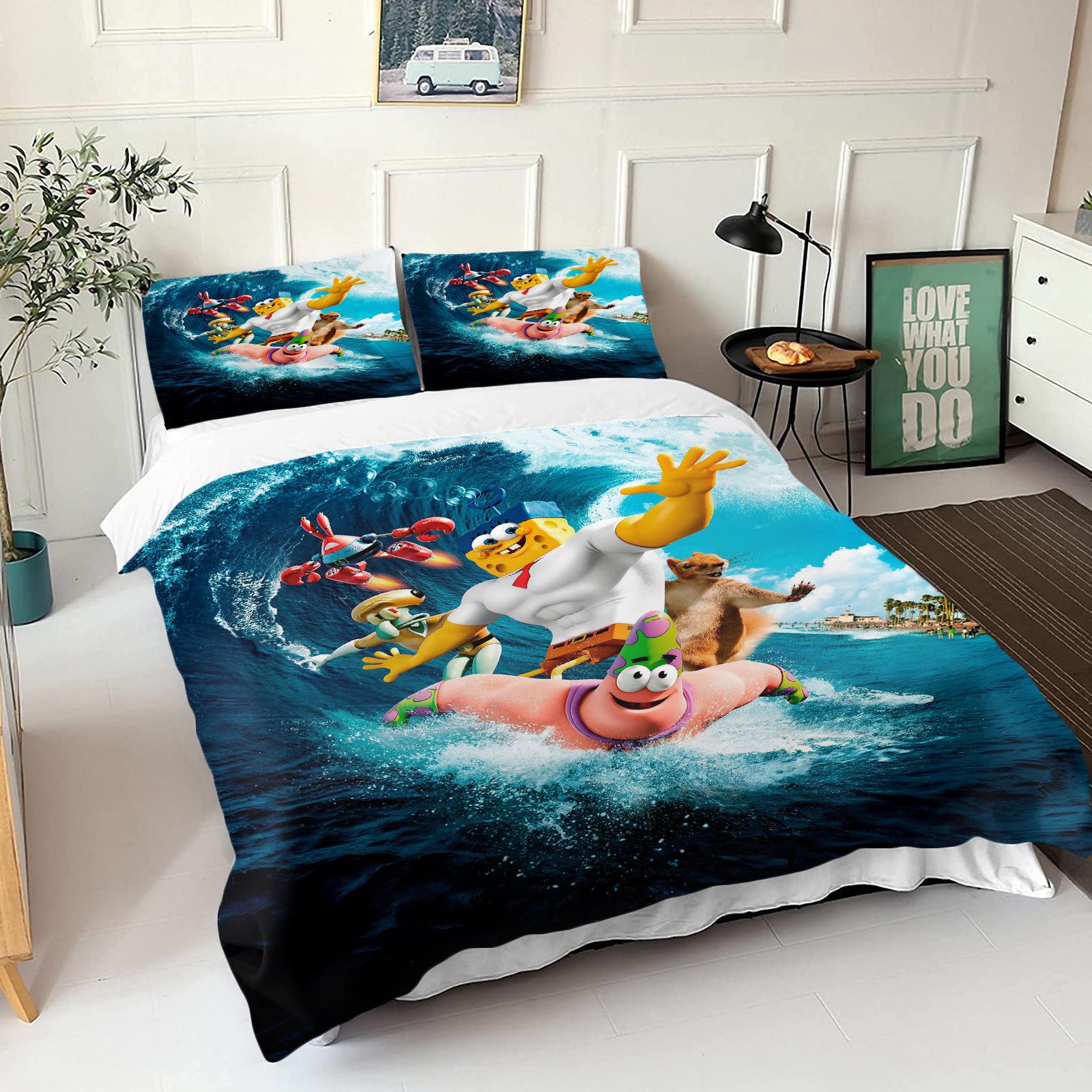 SpongeBob SquarePants Bedding Set Cartoon Duvet Cover Pillowcase for Kids Teens Bedroom Home  Decor Christmas 2/3Pcs 155x200cm