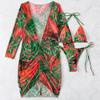 Women's Split Three Piece Set Printed Net Red Tie Dyed Lace Up Drawstring Swimsuit Bikini Sets
