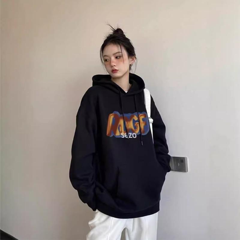 Autumn Winter Loose Casual Letter Printing Hoodies Women Fashion Simple Black Hooded Sweatshirt Pullover Top