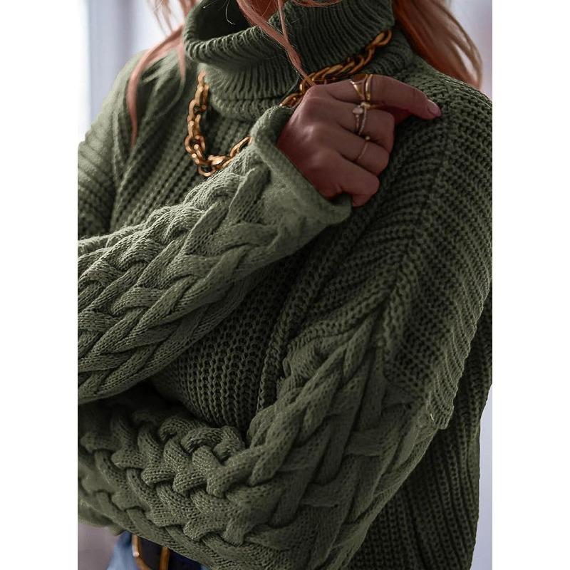 Übergröße Pullover Mode Hoher Kragen Locker Zopf Langarm Damen Strickware