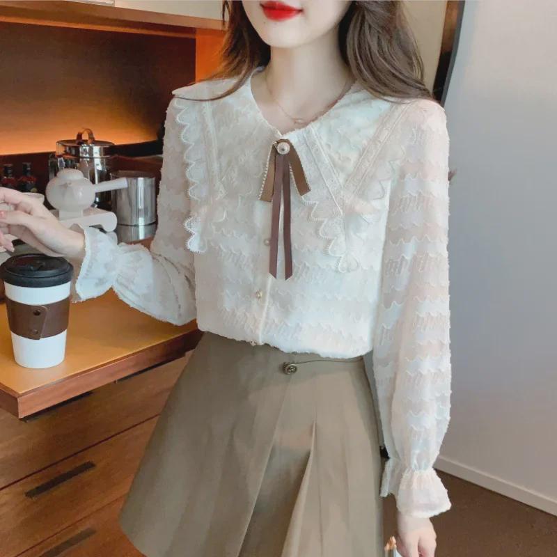 

2024 Women s Lace Peter Pan Collar Blouse - Fashionable Fall/Winter Top XL