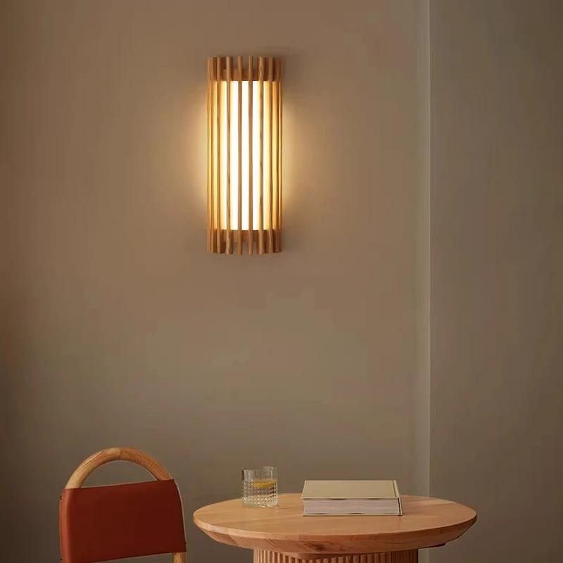 Vintage Walnut Solid Wood Grid Wall Lamp Wabi-sabi style Wall Sconce lights for Bedroom Bedside Living Dining Room