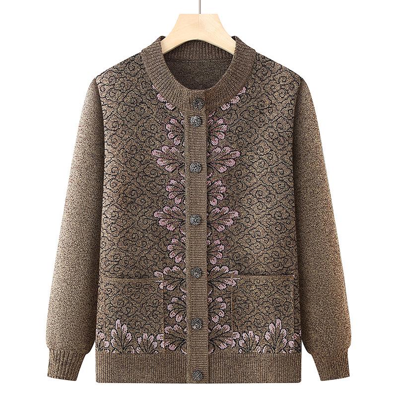Round Neck Knitted Cardigan for Middle-Aged and Elderly Women - Grandma Style Sweater for Spring and Autumn
