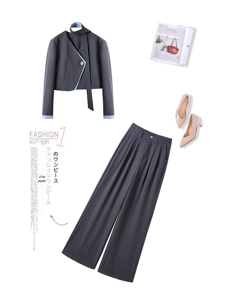 Stylish Spring 2025 Women's Patchwork V-neck Jacket & Wide-leg Pants Two-piece Set