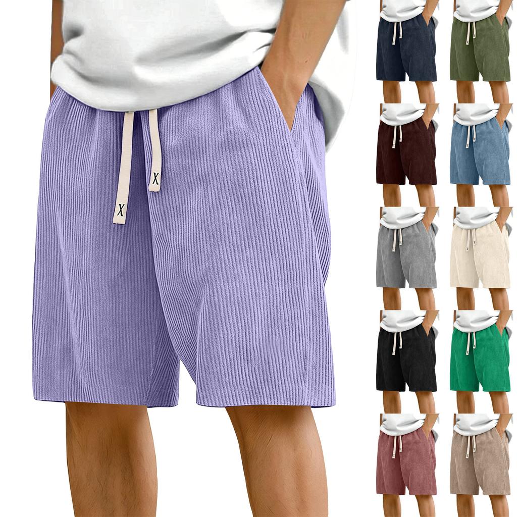 Men's Corduroy Casual Shorts Elastic Waistband Drawstring Outdoor Sports Shorts Lightweight Breathable Fabric Relaxed Fit