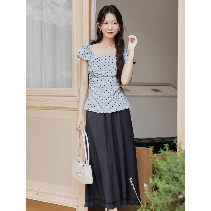 Summer sweet polka dot waist short-sleeved top beautiful shirt + skirt set two-piece set