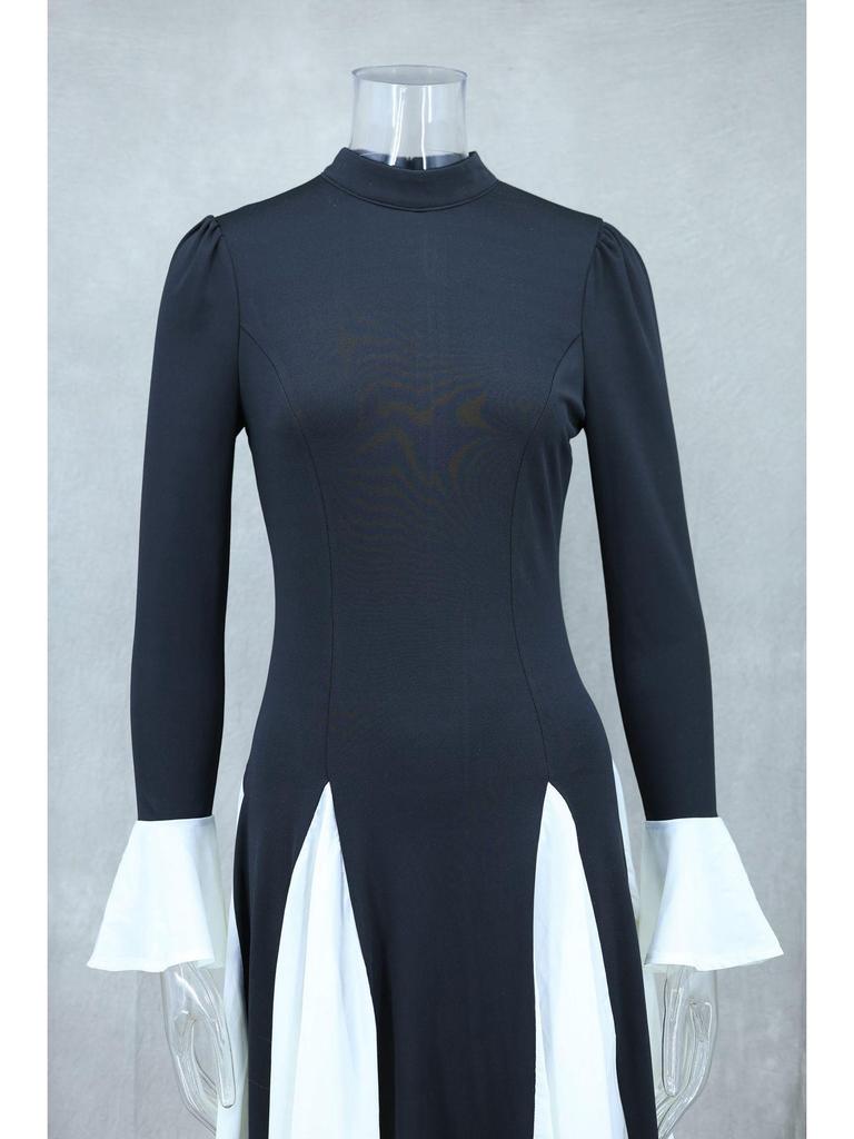 2024 Høst/Vinter Euro-Amerikansk Svart og Hvit Fargeblokk Volang Langermet Svingkjole LX0105