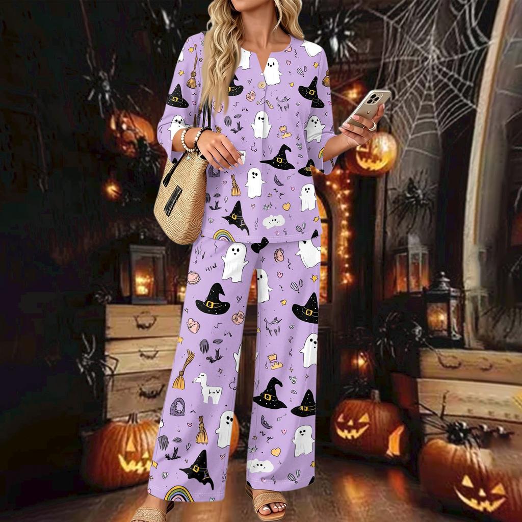 Women's Casual Printed 3/4 Sleeve Button Down Top and Wide Leg Pants 2 Piece Set