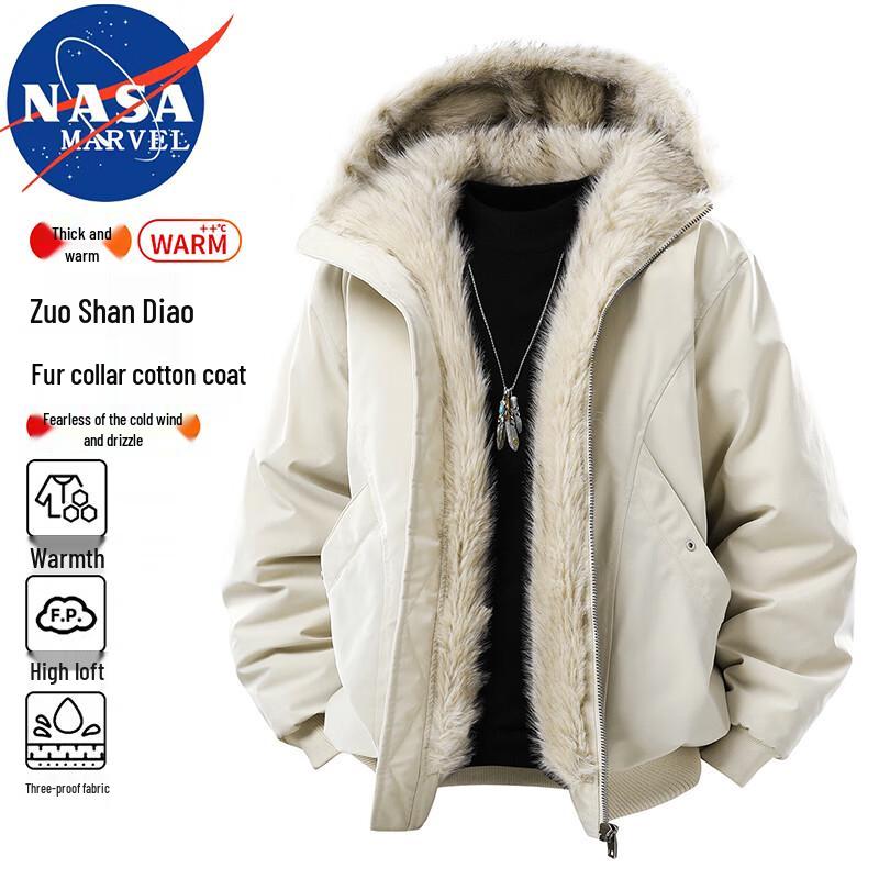 NASA MARVEL Men's Hooded Winter Fleece-Lined Padded Jacket with Fur Collar