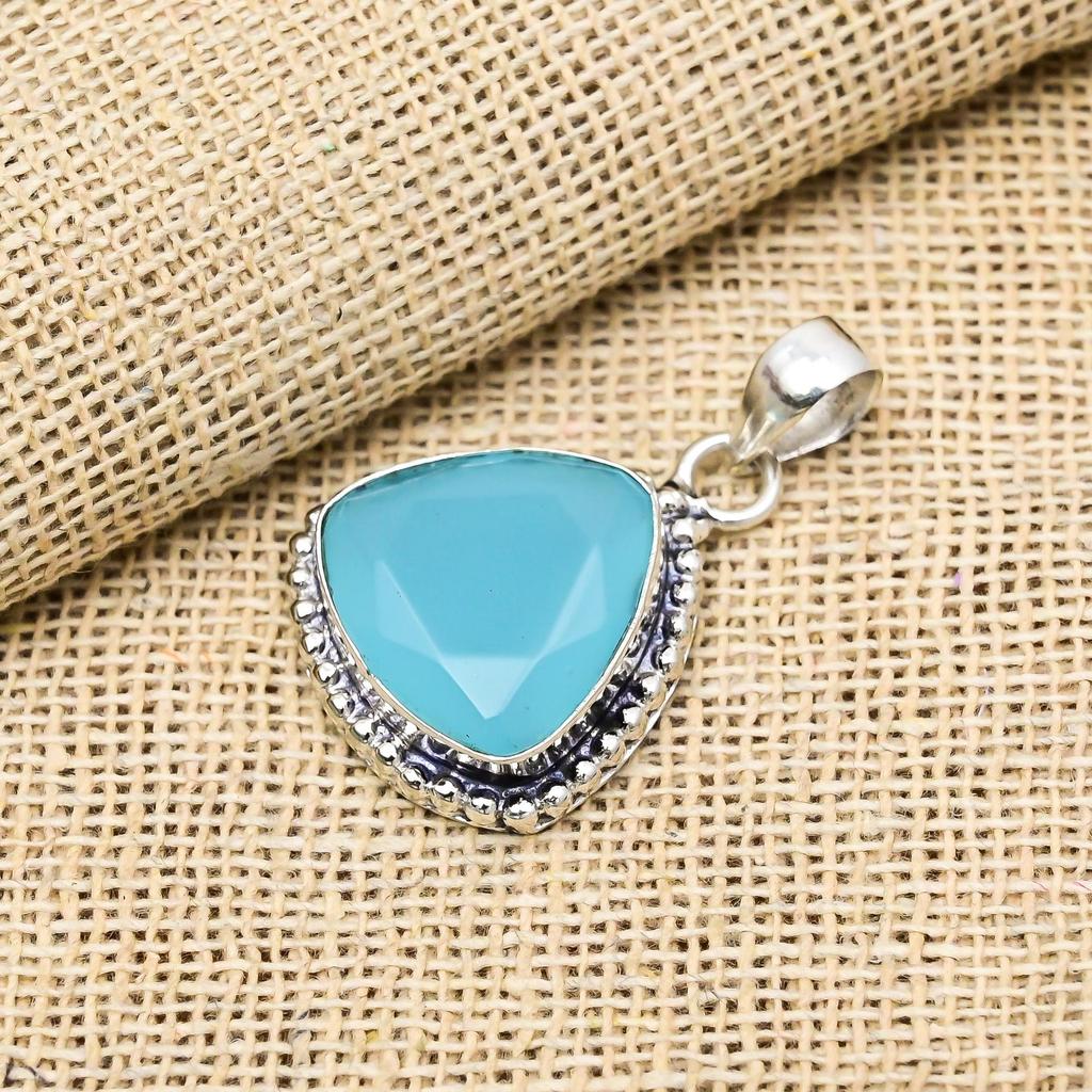 AAA+ Aqua Chalcedony Gemstone 925 Sterling Silver Handmade Jewelry Unique Pendant
