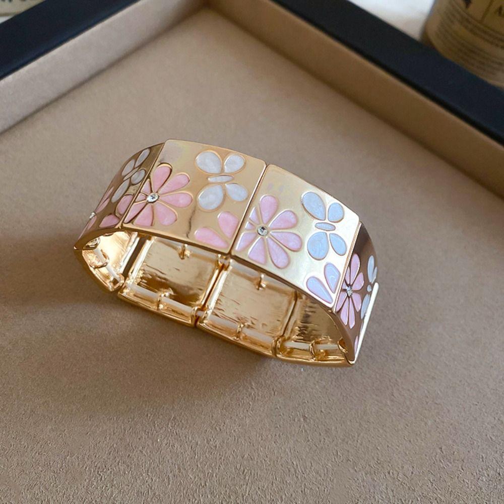 Metal Drip Oil Flower Bracelet Silver Elastic Bangles Geometric Square Bangle  Girls Gift