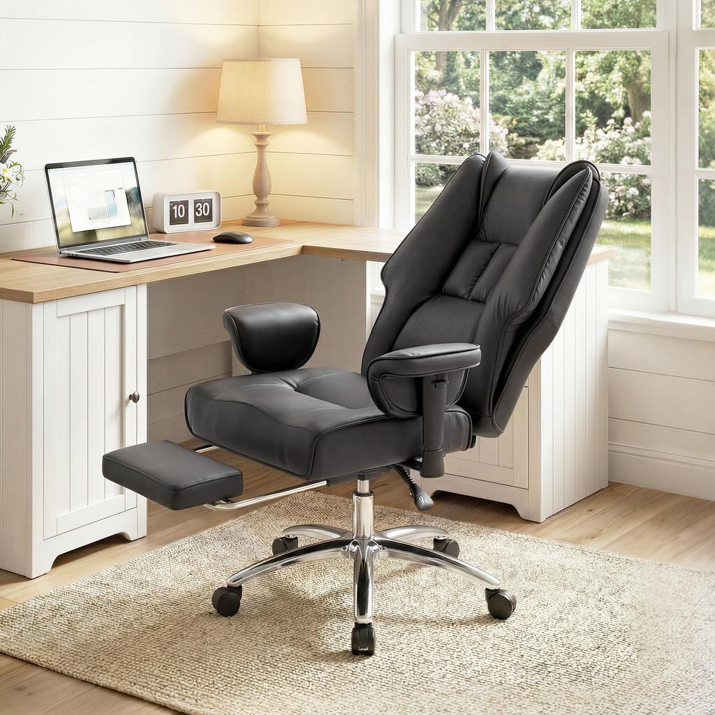 Executive Office Chair, Reclining Desk Chair with Footrest, Adjustable Armrests, Pet Friendly Faux Leather, Black