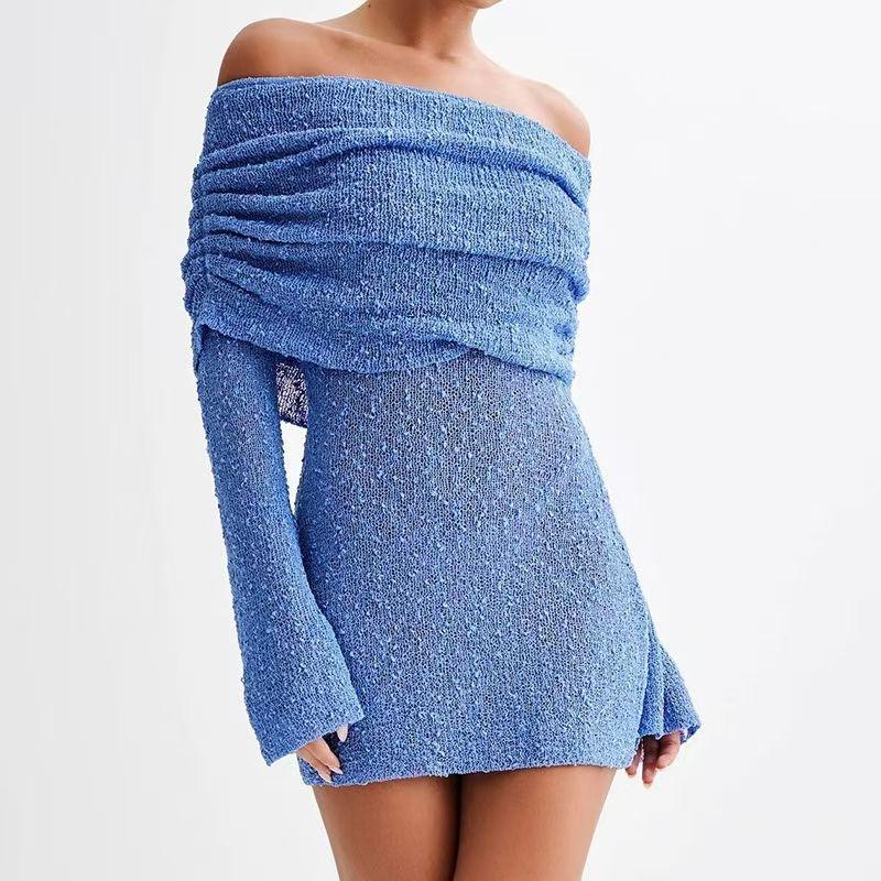 

European and American Sexy Knitting Hollow out See-through off-Neck Beach Dress Sexy Knitted Hollow Dres Royal Blue S