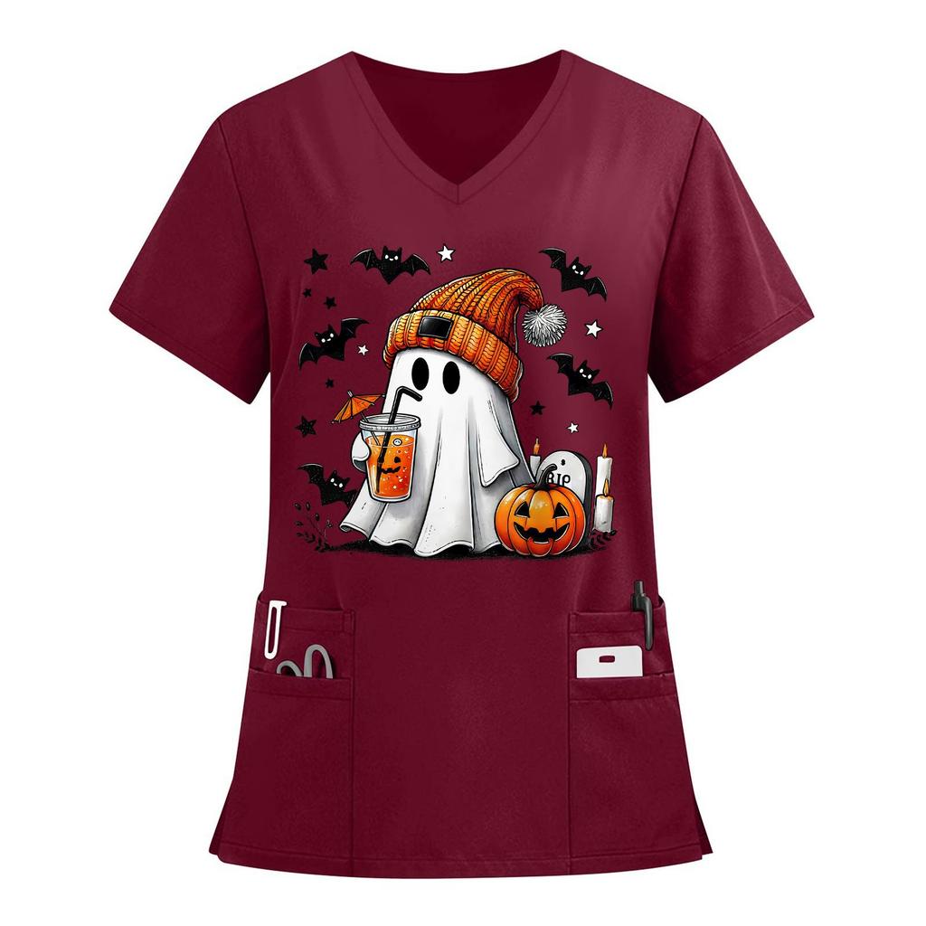 Women's V-neck Halloween Printed Short-sleeved Pocket Side-slit Protective Suit Top