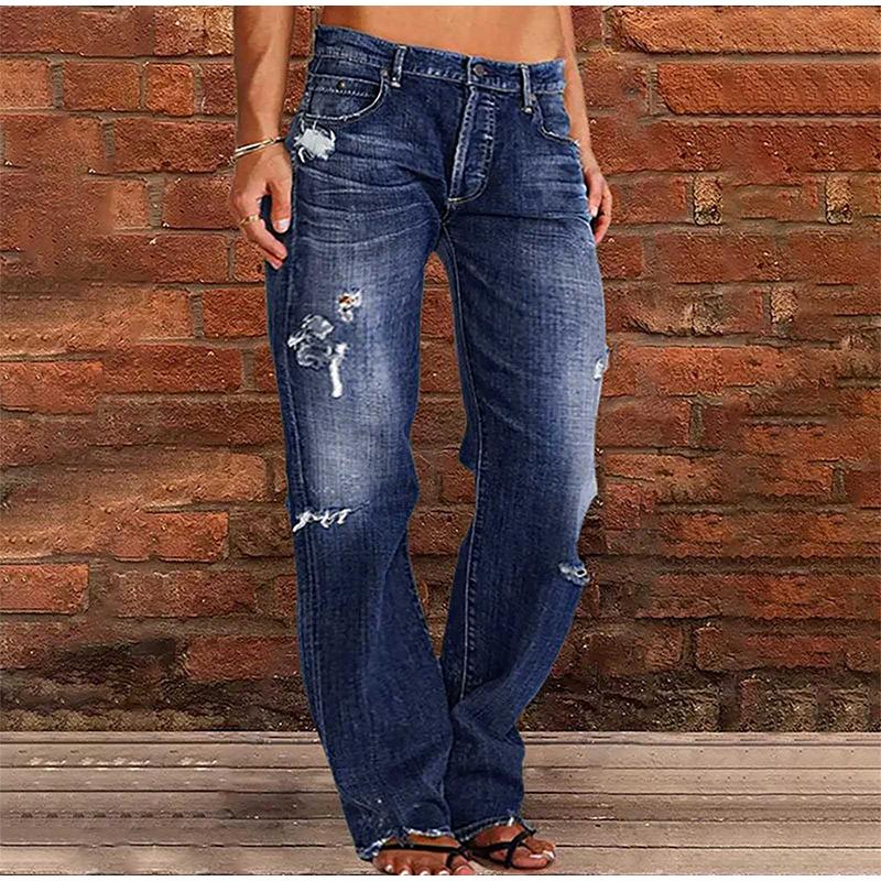 Damen Loch Jeans Vintage Ripped Denim Straight Pants 2025 Streetwear Bodenlang Mittlere Taille Gewaschen Distressed Damen Hose
