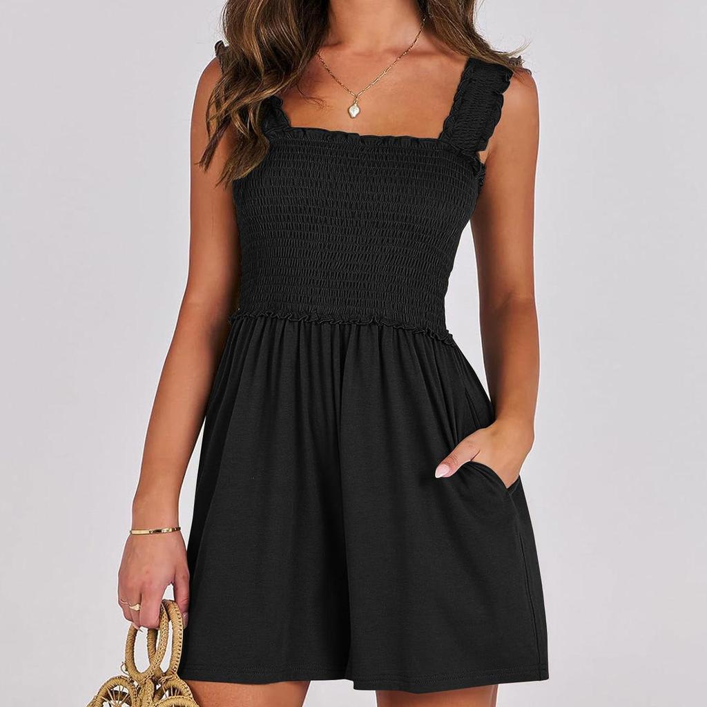 Tuta corta estiva con scollo quadrato senza maniche, rompers casual da spiaggia, top a canotta elasticizzato, tuta da donna con tasche e pantaloncini