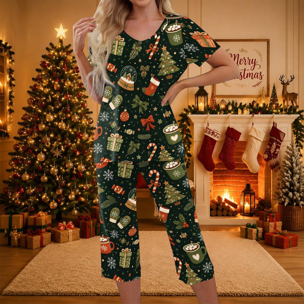 Dámský ležérní sportovní outfit na Vánoce, dvoudílný, s tričkem s krátkým rukávem a kalhotami