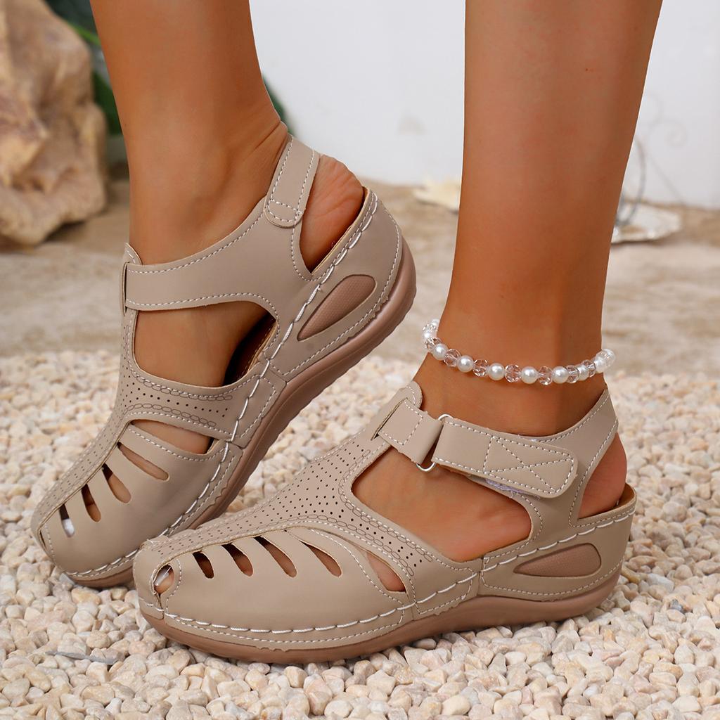 2025 new large size women's sandals, bag head hollowed out one-word wedge heel sewing bag laser process Rome
