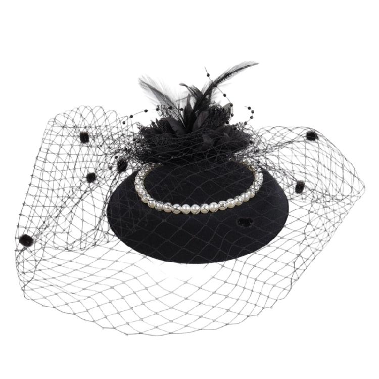 Feather Trimmed Faux Pearls Decorated Mesh Hat Elegant Evening Headwear Ideal For Wedding Guest Attires