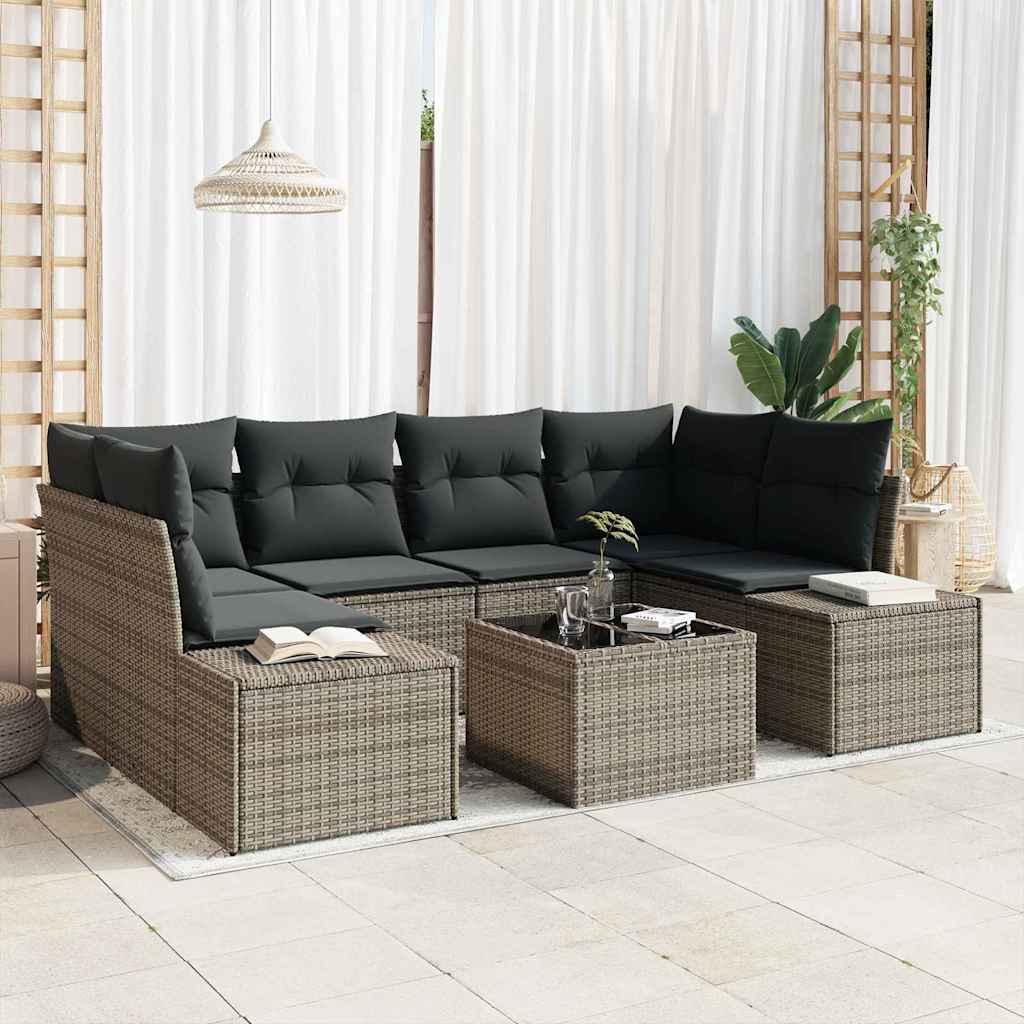 7 Piece Sofa Set with Cushions Gray Poly Rattan