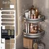 Gunmetal Grey Double-Layer Bathroom Corner Shelf with Hooks