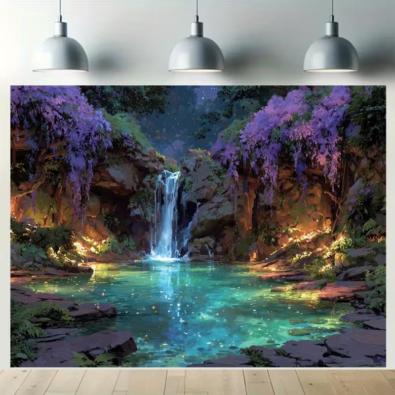 2D Enchanted Waterfall Backdrop Glowing Lake Wedding Photography Background