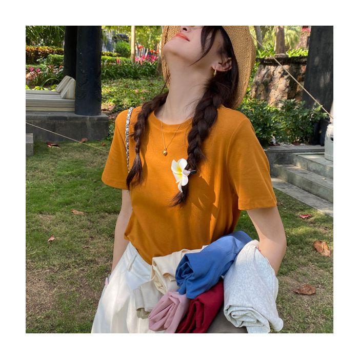 American Summer T-shirt Women's Shoulder Short Sleeves Summer Thin Round Neck Short Cotton Slim Fit Sweet and Spicy Tight Top