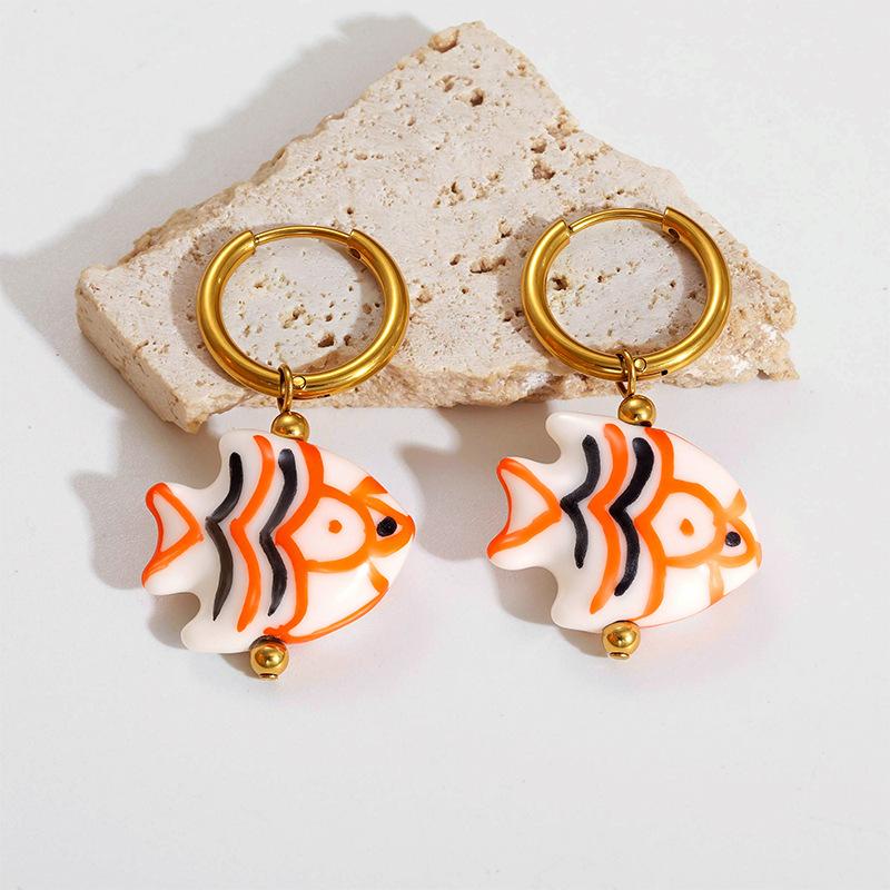 Ceramic Dopamine Fish Starfish Earrings For Women Colorful Vibrant Pendant Youthful Stainless Steel Jewelry Gift