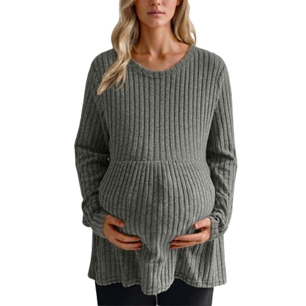 Túnica de Maternidad de Manga Larga para Mujer a la Moda, Top Babydoll Acanalado de Cuello Redondo, Ropa de Maternidad
