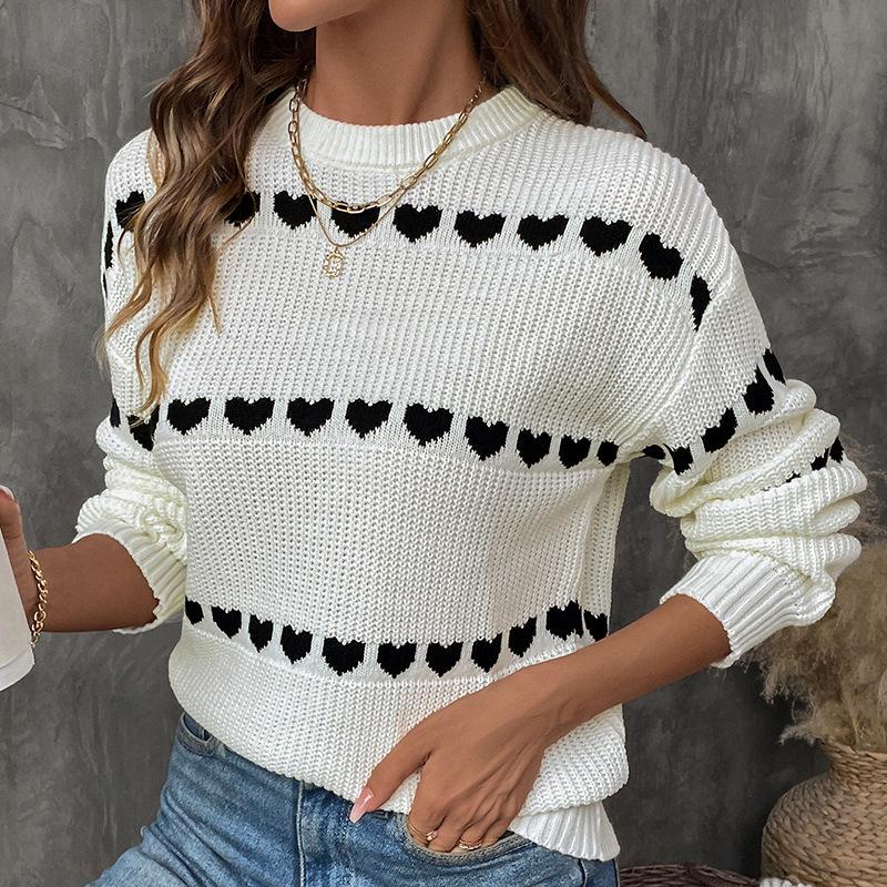 2026 Autumn/Winter Sweet Date Heart Pattern Knit Sweater for Women - Long Sleeve