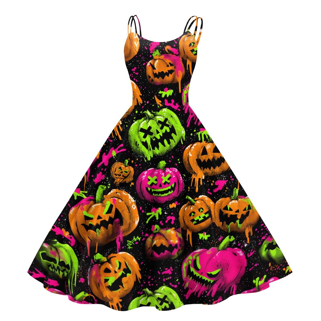 Women Halloween Print Off Shoulder Punk Vintage Dress Sleeveless Spaghetti Strap Fit and Flare Midi Dress for Party