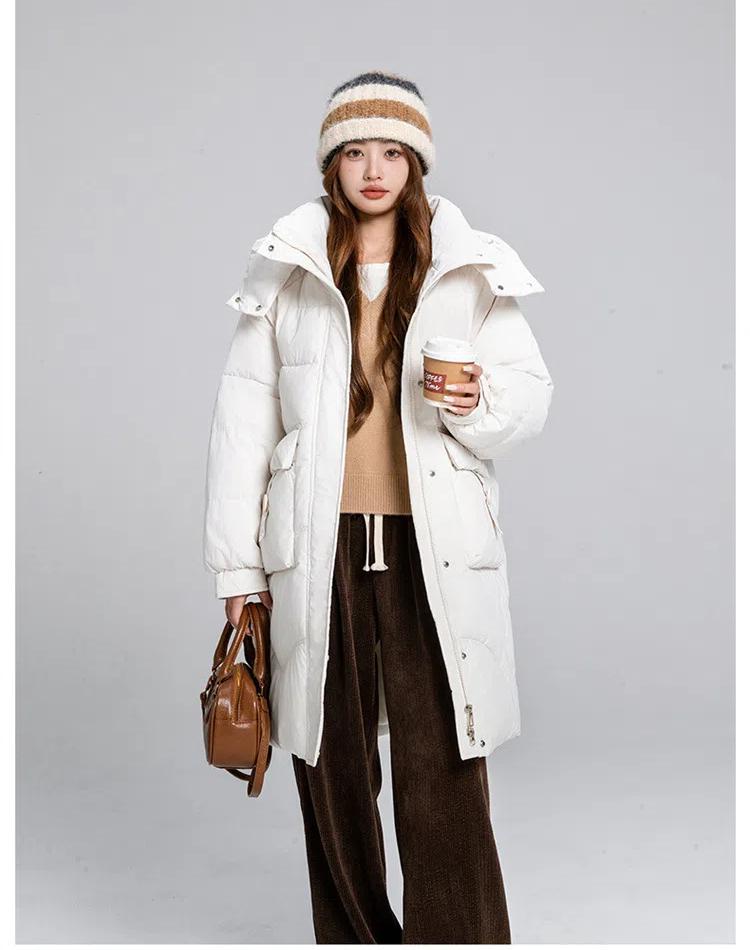 Women's Autumn and Winter Coat Solid Color Stand Collar Hooded Loose Thickened Windproof Mid-length Women's Jacket